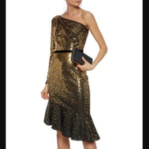 Marchesa Notte Degrade Sequin Gold/Black One-Shoulder Ruffle Evening Midi Dress